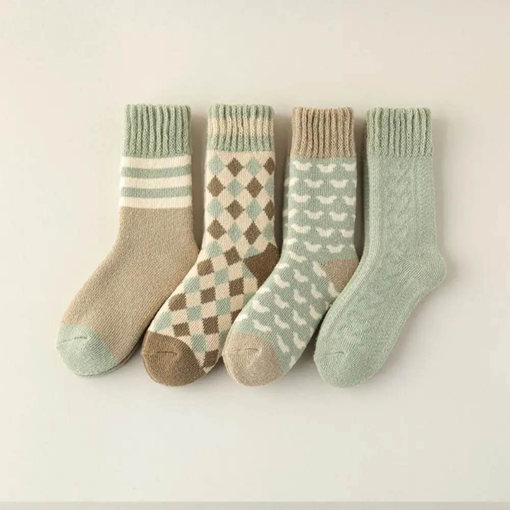 

4Pairs Sweet Stripe Grid Thickened Socks Winter Sleeping Floor Plush Socks Mid-tube Hosiery Warm Socks Women Winter