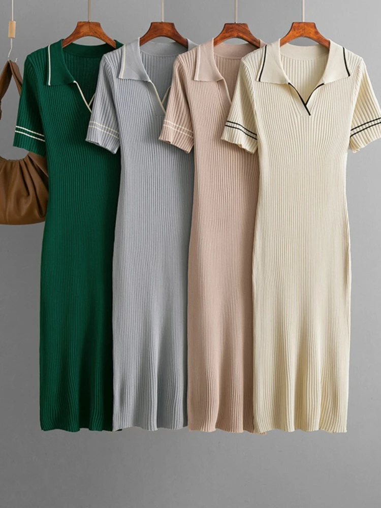 New in Summer Elegant Slim Knitted Dress Women Casual Polo Neck Short Sleeve Knitwears Vestidos Fashion Short Sleeve Dresses