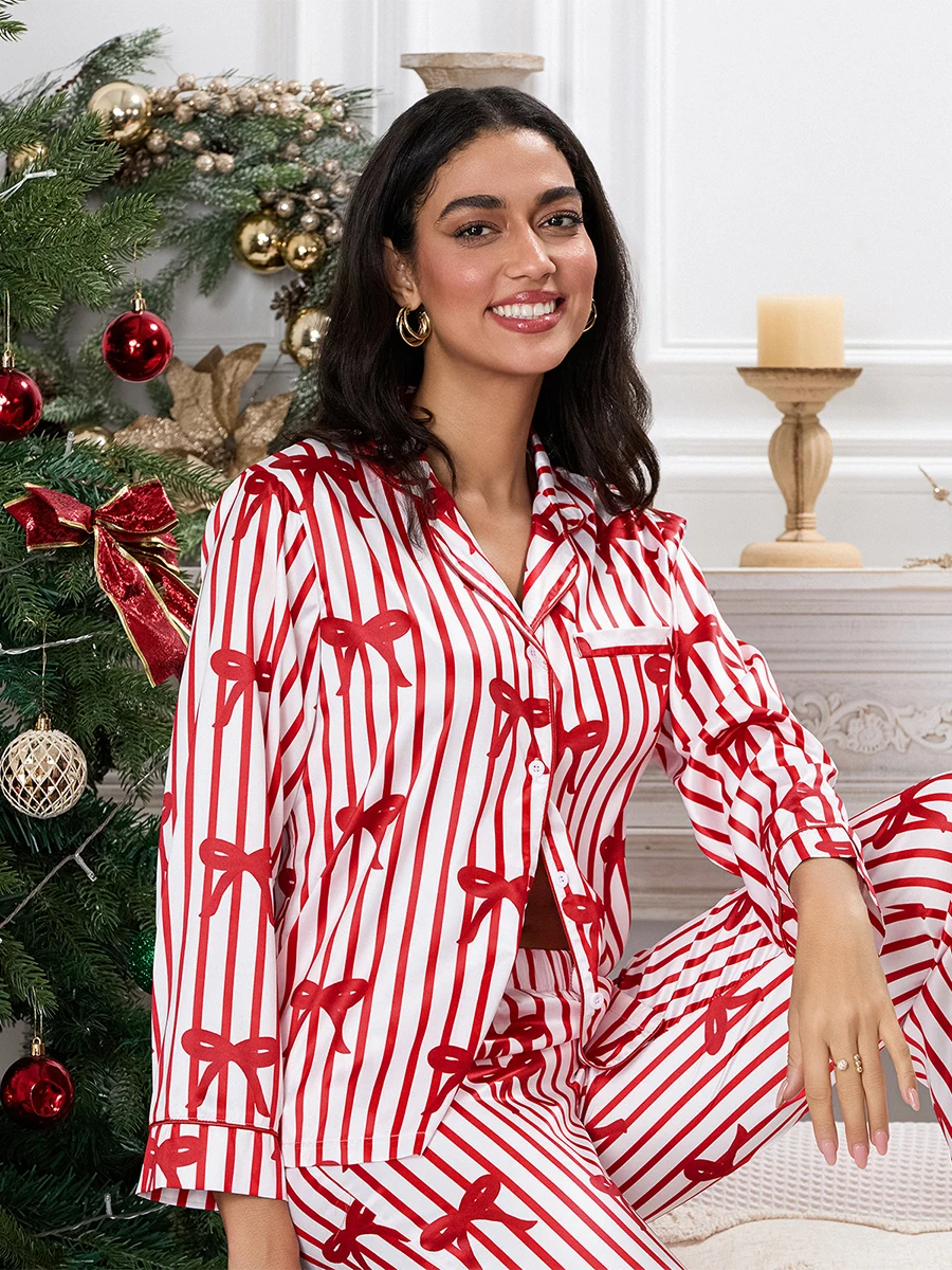 2025 ano novo feminino 2 peça conjunto de pijama de natal natal feminino manga longa listras impressão botão acima camisa calças conjunto loungewear