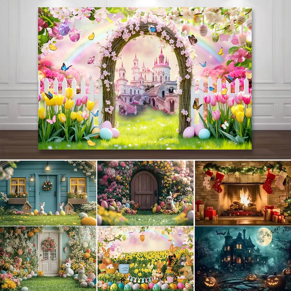 

Christmas Photography Backgrounds for Photographs Halloween Castle Spring Easter Bunny Eggs Family Party Photozone Backdrop