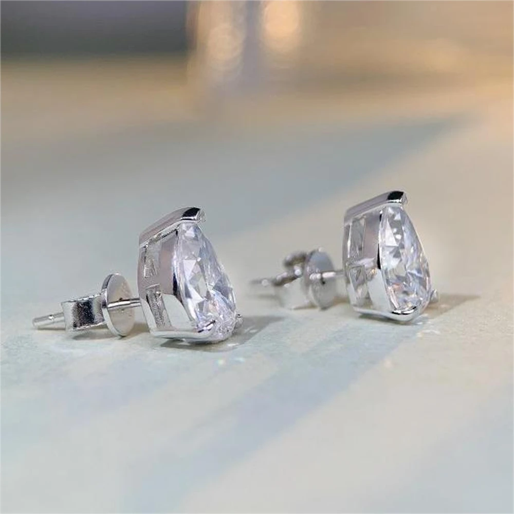 Vinregem 18K White Gold Plated Pear 3CT Sapphire Gemstones Stud Earrings For Women Gift 925 Sterling Silver Jewelry Dropshipping