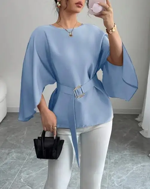 

Autumn New Elegant Solid Color Shirt Round Neck Solid Color Slim Fit Waist Flared Sleeve Women's Commuting Chiffon Shirt
