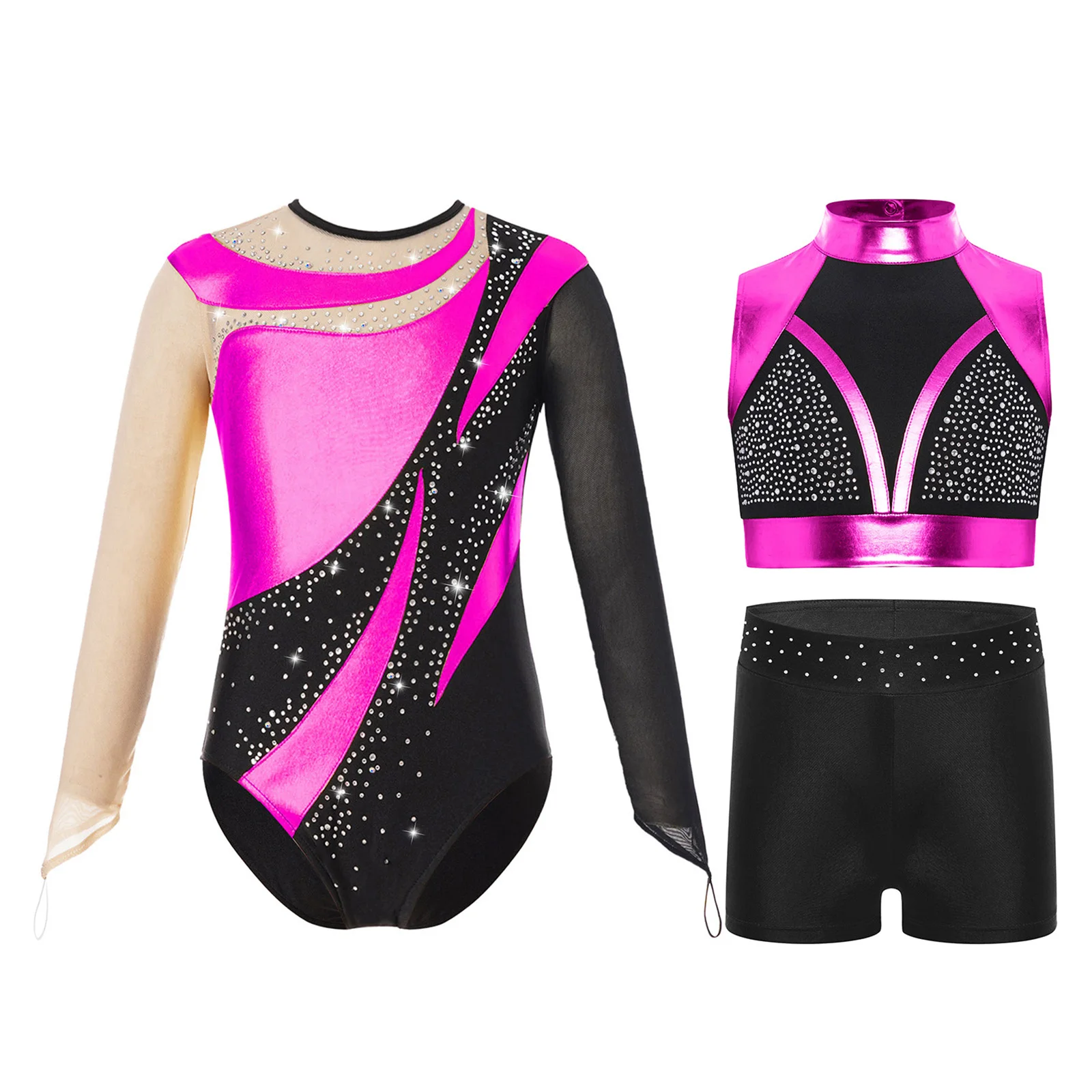 Traje de entrenamiento de gimnasia para niñas, traje de baile de patinaje artístico, Top corto metálico sin mangas con diamantes de imitación, pantalones cortos y leotardo, 3 uds.