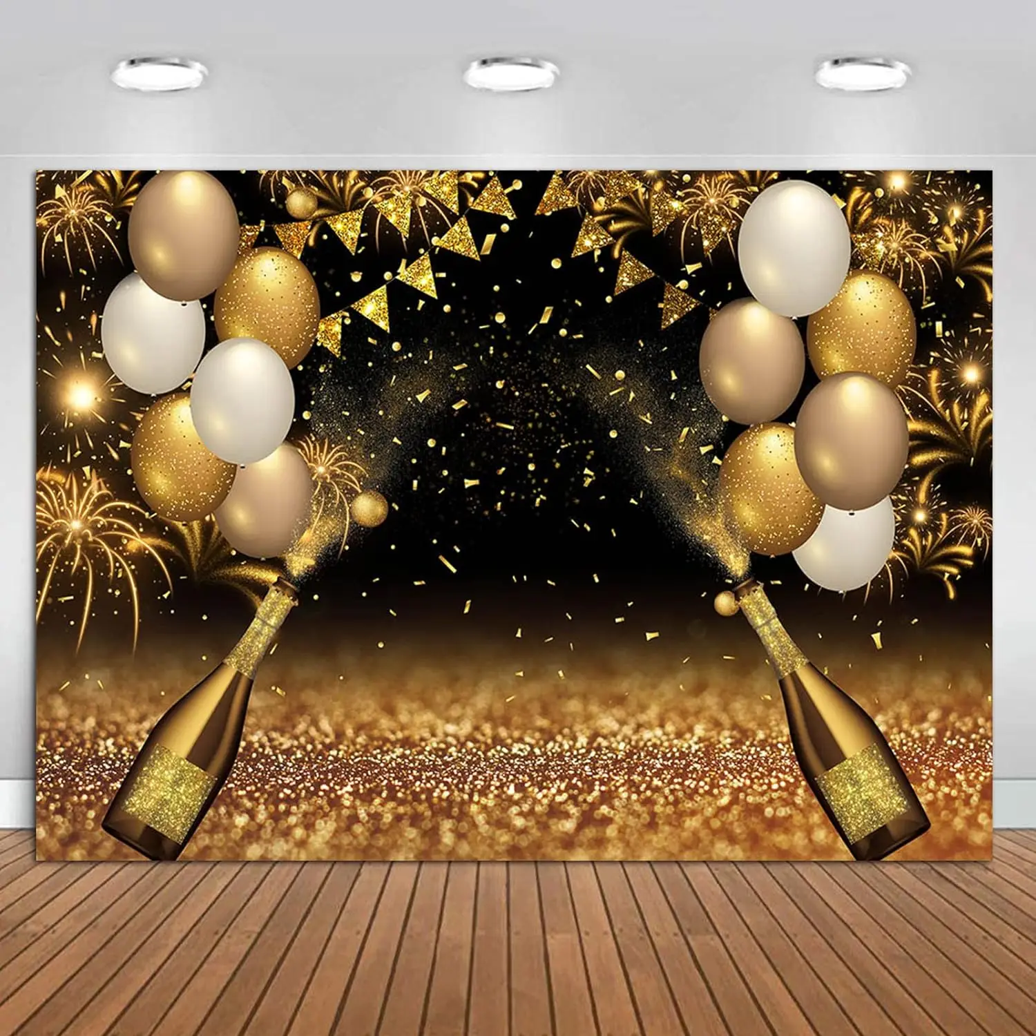 Black Gold Balloon Photography Backgrounds Golden Champagne Scattered Scene 2025 New Year Decor Wedding Birthday Party Backdrops