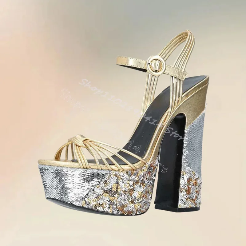 

Gold Silver Sequins Knot Design Platform Sandals Buckle Strap Women Shoes Chunky High Heels Novel Party 2024 Zapatos Para Mujere