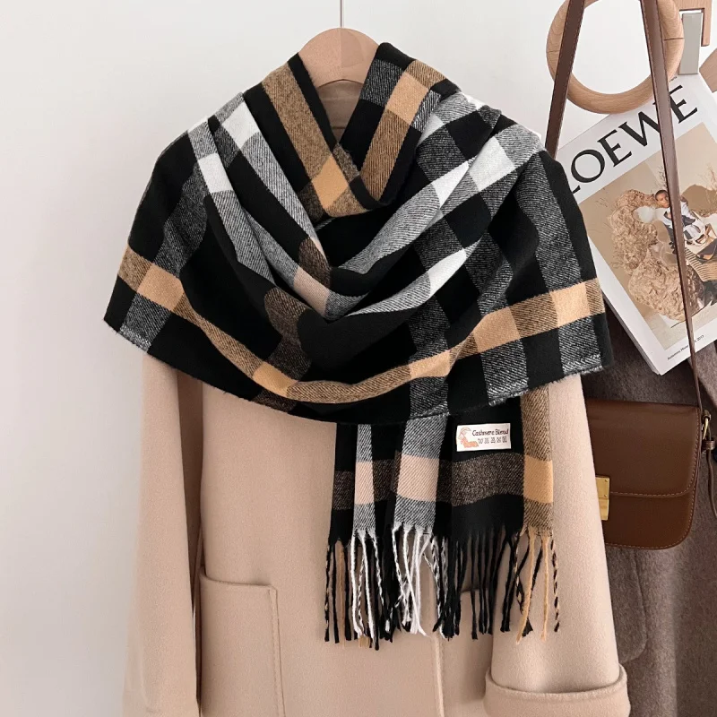 

Новая полосатая клетчатая шаль из искусственного кашемира, осенне-зимняя модная теплая шаль для поездок на работу, морозостойкая шаль с кисточками, прямая оптовая продажа с фабрики