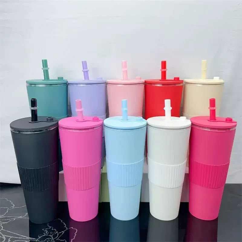 

Hot Selling Stylish Matte Finish Reusable Double Wall Tumbler Plastic Cup With Straw Coffee Tea Household Water Cup 24oz 710ml