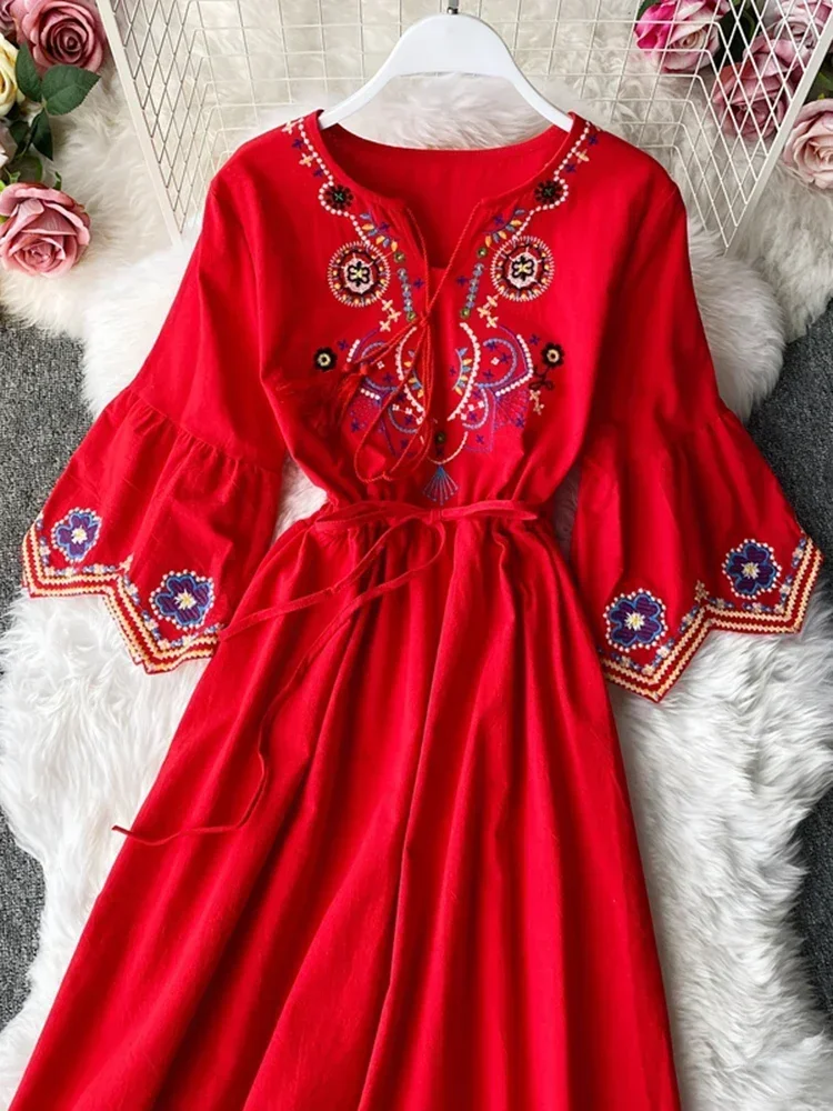 Autumn Dress Temperament Thailand Bali Beach Skirt New National Style Swing Long Bohemian Beach Holiday Red Dress Women