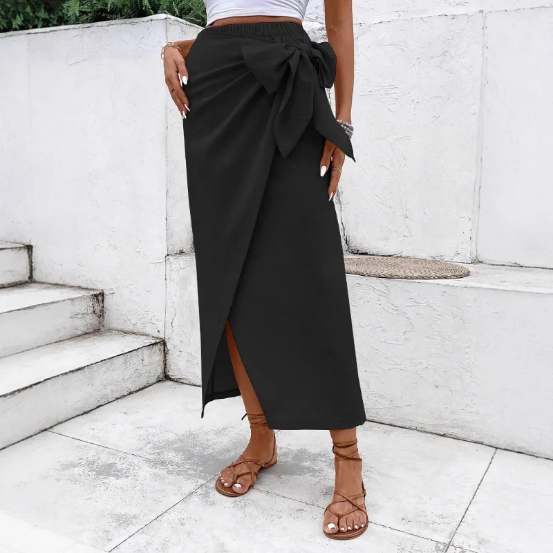 여성 캐주얼 불규칙 디자인 리본 타이 솔리드 컬러 하이웨이스트 스커트