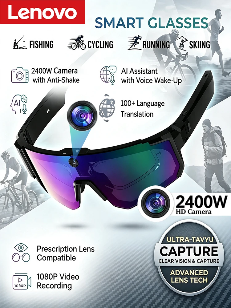 AliExpress Lenovo AI Smart Glasses ChatGPT 8K Anti-shake Camera 2400W Cycling Video&Photo Sport Sunglasses DualMic 32GB Windproof Goggles