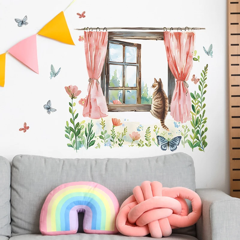 Spring Window Cat Flower Butterfly Children's Room Bedroom Living Room Porch Home Beautification Wall Sticker