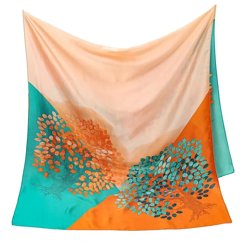 Ladies Printed Silk Shawl Brocade Satin Leaf Pattern Scarf Big Size Long Shawls Travel Sun Protection Cape 180*85cm