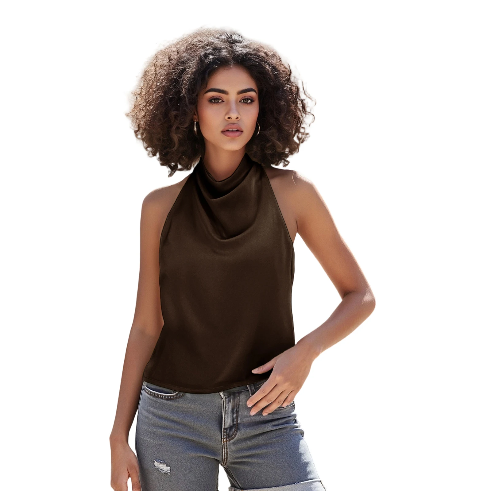 

Women's Summer Halter Neck Vest Sleeveless Open Back Solid Color Satin Y2K Retro Tank Tops Shirts