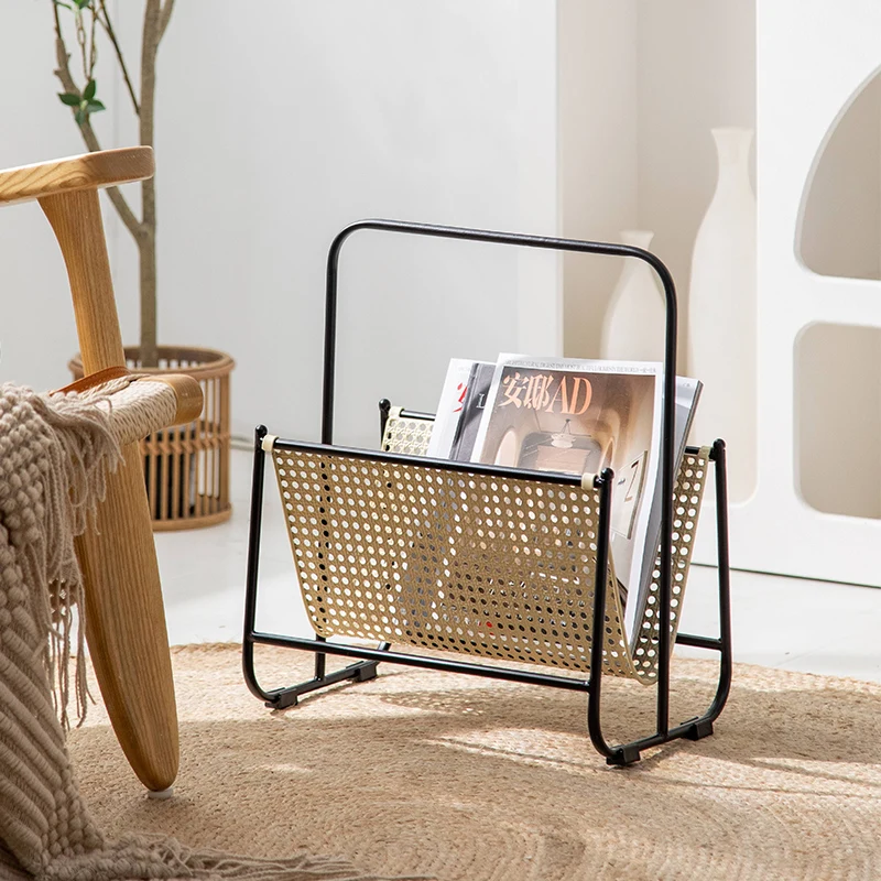 Modern Rattan-Inspired Metal Magazine Rack Minimalist Woven Texture Office Bookshelf Multi-Purpose Storage Organizer
