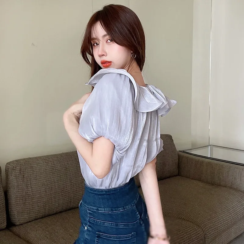 Women\'s Blouse Off Shoulder Flounces Chiffon Sweet Style Fashion Solid Color Temperament Youthful Clothes Short-Sleeved Shirt