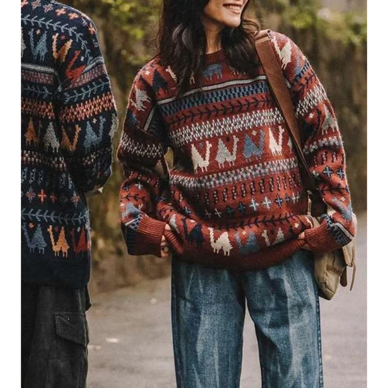 

New Ethnic Style Crew Neck Pullover Sweater Men Loose Casual Japanese Retro Couples Thickened Knitted Outerwear