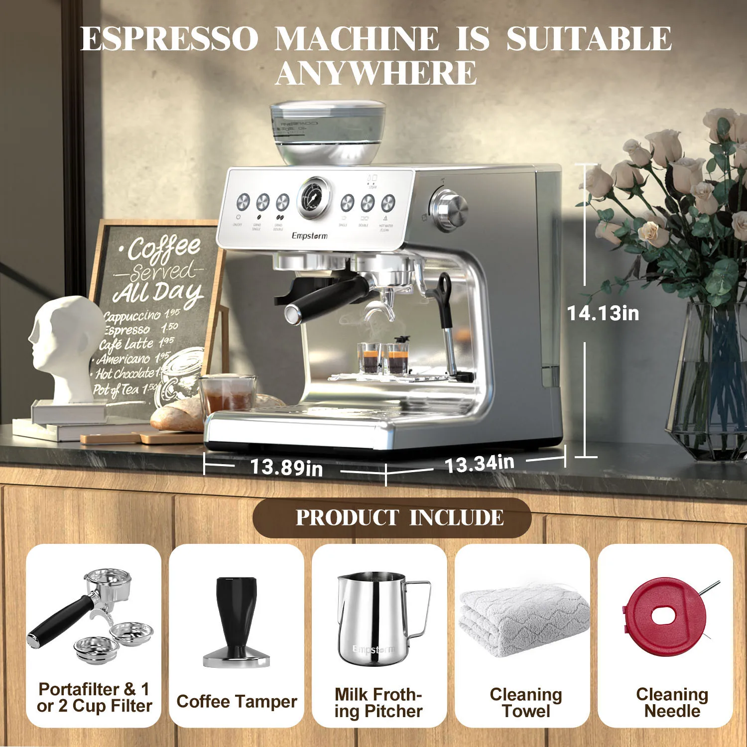 Empstorm 21M Electric 20 Bar Milk Frother Stainless Steel 304+ABS Espresso Maker Coffee Machine with Steam Wand for Hotel Use