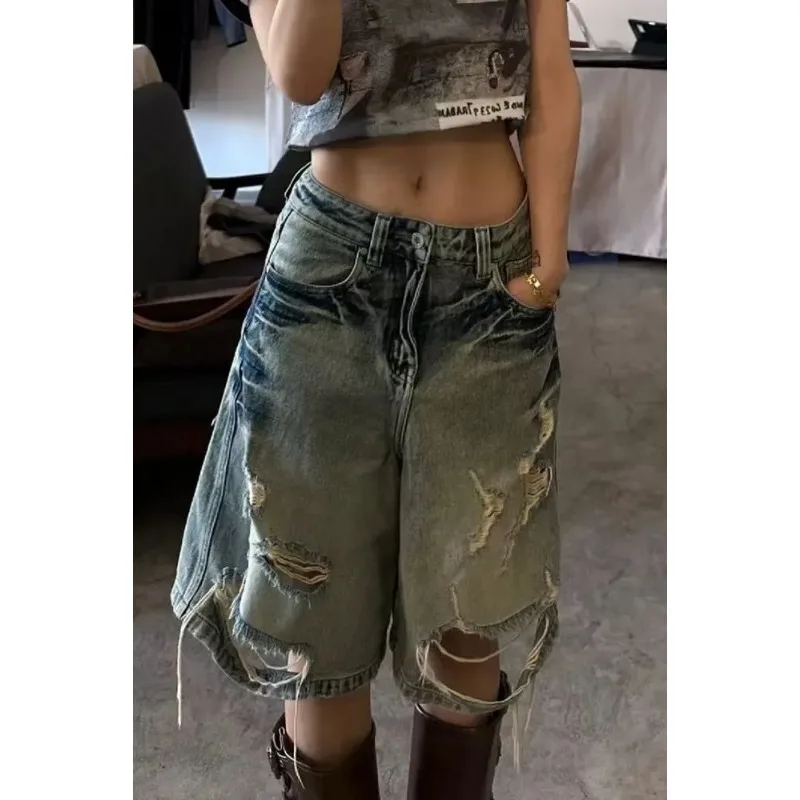 Women's Distressed Washed Denim Capris Loose Wide-Leg Ripped Mid-Length Jeans