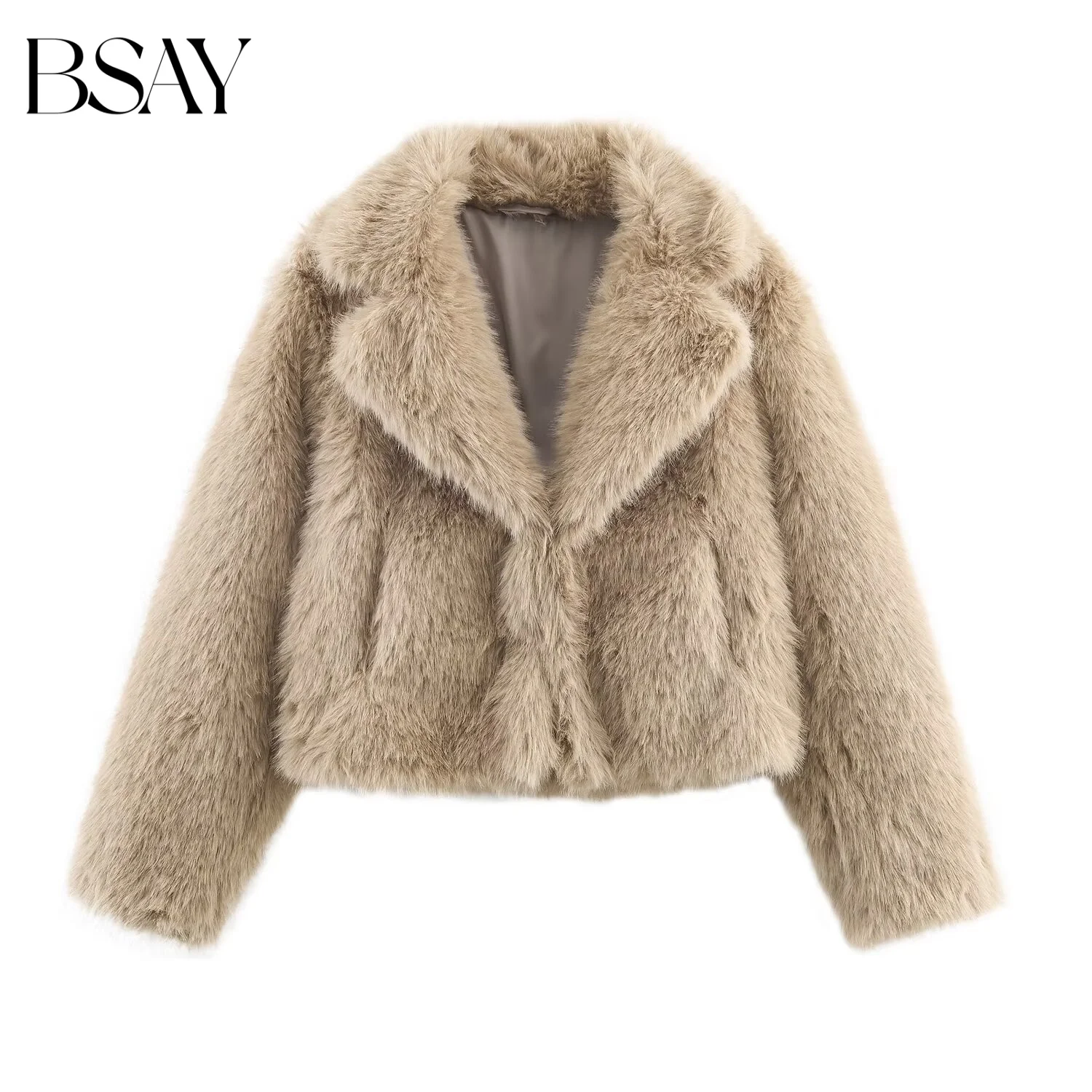 

BSAY Artificial Fur Effect Jacket for Women Fashion Autumn Winter New Solid Color Pocket Long Sleeve Lapel Short Jackets Coat