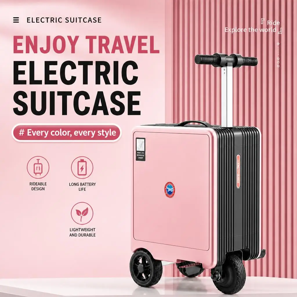 Valigia da viaggio elettrica con ruote, da 20 pollici, trasformabile in trolley, dotata di lucchetto TSA e batteria rimovibile, ideale per viaggi di lavoro, colore rosa.