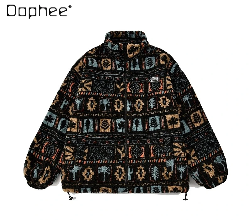 

2025 Autumn Winter New Hot Sale Retro Style Men's Thick Loose Casual Stand Collar Colorful Printed Lamb Wool Coat