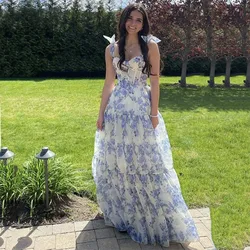 2024 Light Blue Flower Pattern Prom Dress  فستان سهرة Spaghetti Strap Formal Occasion Dresses Crimping Party Dress