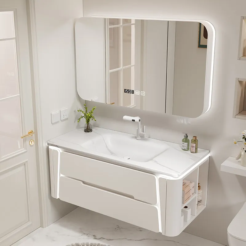 

Hot curved rock slab integrated basin, oak paint rounded corner bathroom cabinet, bathroom washstand mirror cabinet