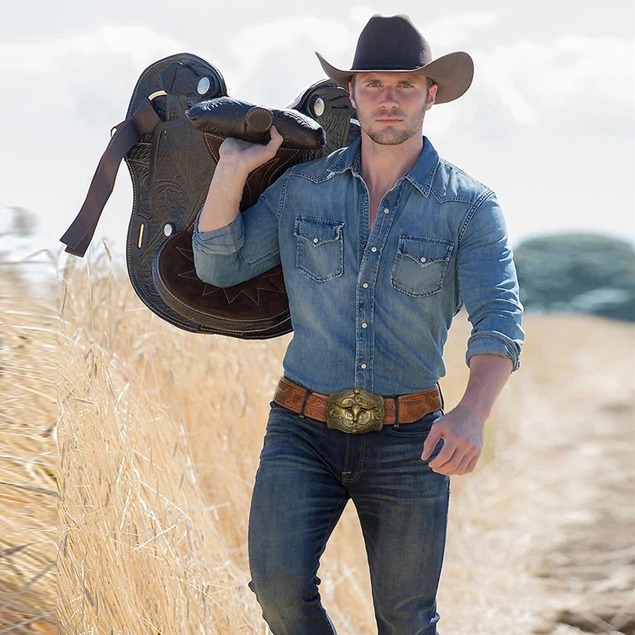 حزام Niu Tou Tang بنمط العشب رائع منحوت على شكل لوحة كبيرة بإبزيم معدني للرجال والنساء - نمط غير منتظم منحوت Fl