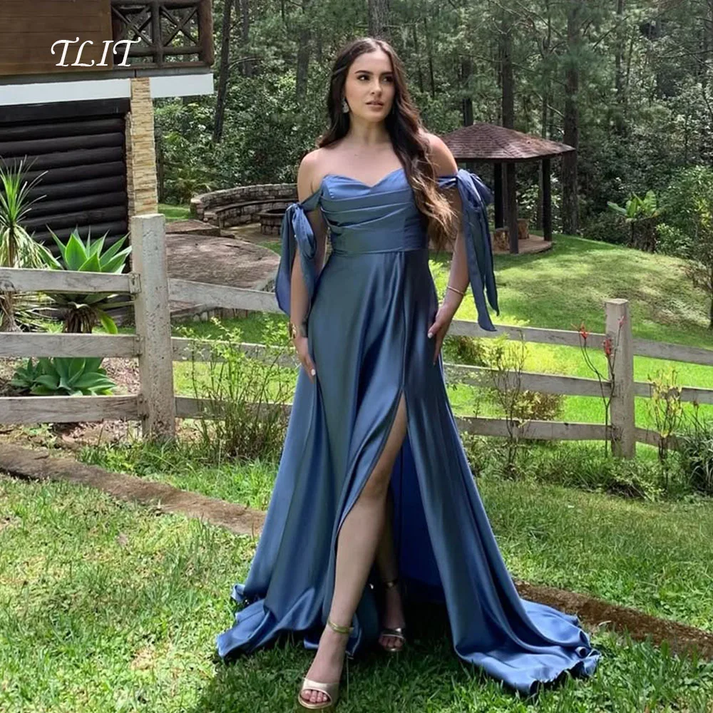 

TLIT Elegant Gem Blue Silk Satin Evening Dress Customized فستان High Side Split Sweetheart Off Shoulder Bow Tie Prom Gown