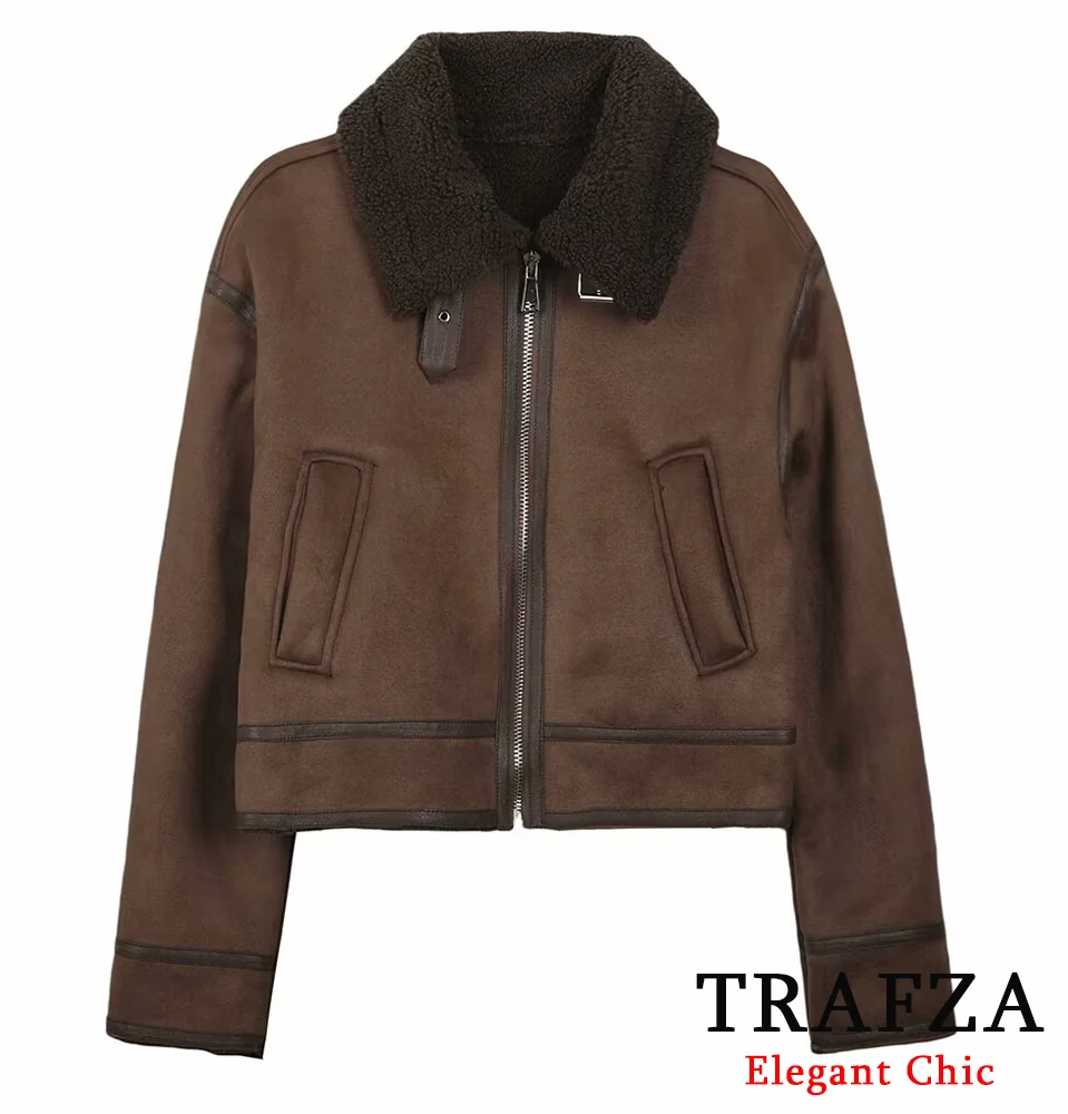 

TRAFZA-Women Vintage Fleece Coat Lapel Zipper Loose Brown Coat New 2024 Fashion Fall Winter Casual Versatile Retro Coat