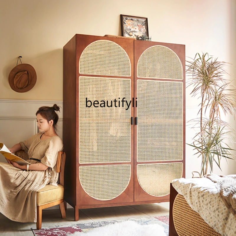 

Nordic Vintage Wardrobe Rattan Solid Wood Bed & Breakfast Integrated Wall Locker Ash Wardrobe