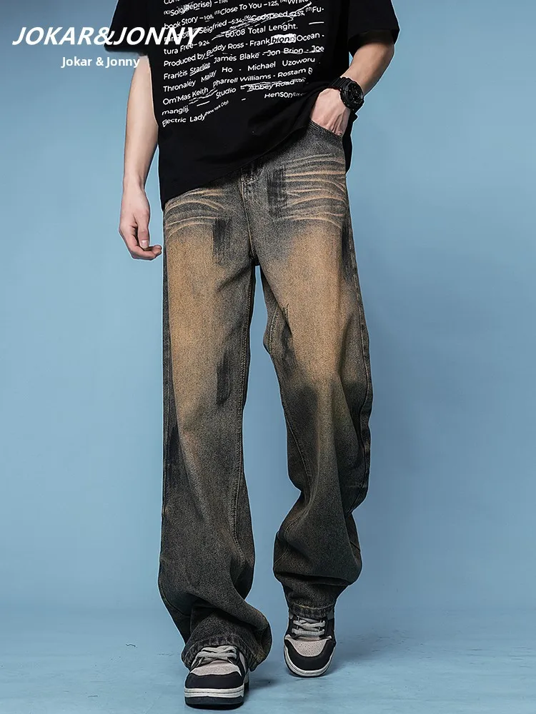 

JOKARJONNY американские джинсы с талией в стиле ретро, мужские летние тонкие прямые повседневные расклешенные длинные брюки, дышащая смесь хлопка и полиэстера