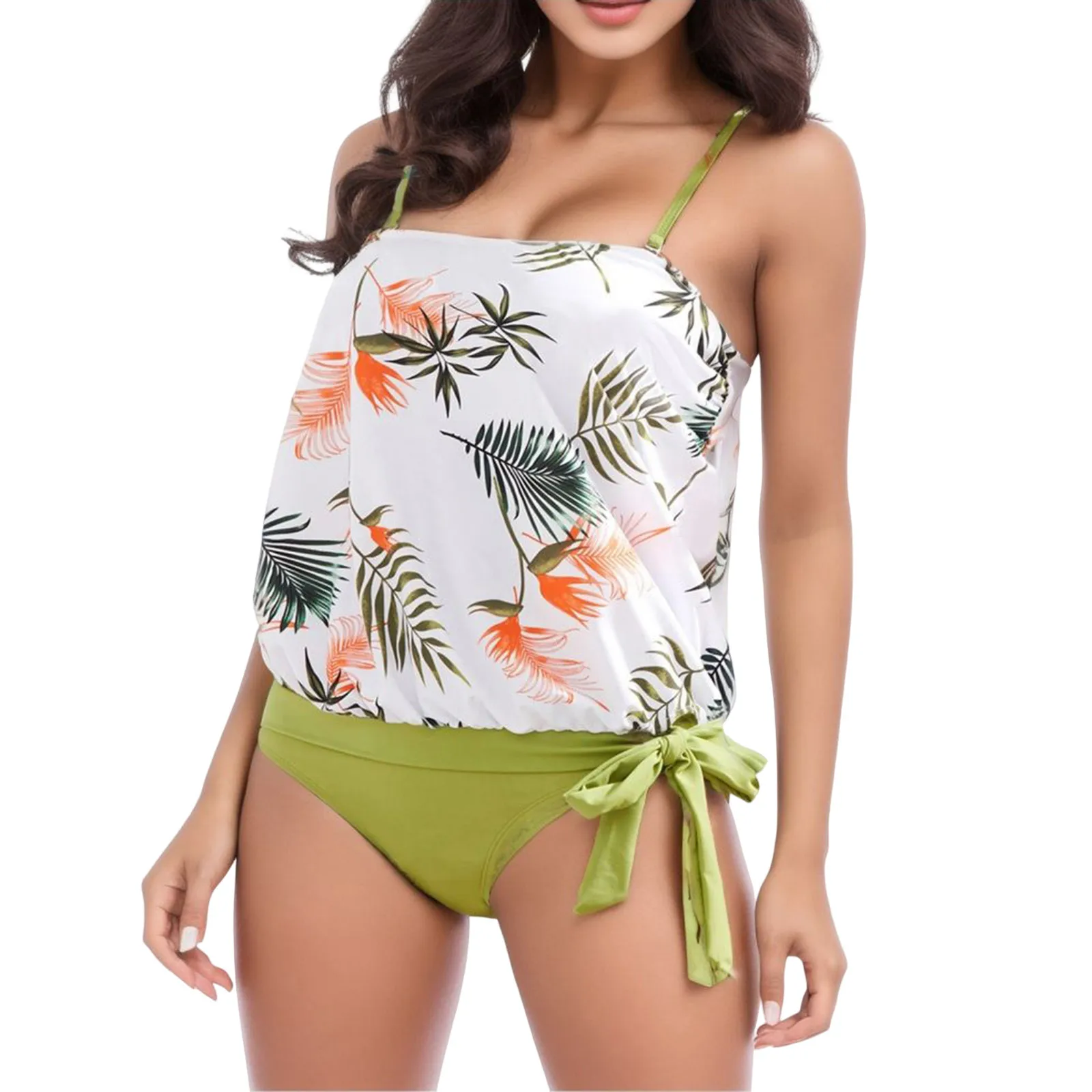 Women Swimsuits Print Split Floral Loose High Waist Fashion Bathing Suit Solid Print Beach Swimwear Bikinis Tankini Summer