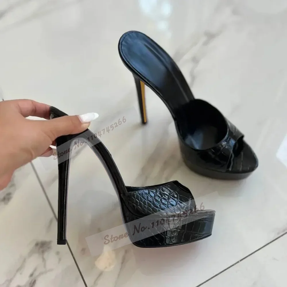 Nude White Shiny Patent Leather Modern Slippers Stiletto Heel Platform Dress Mules Slip-On Open Toe Sandals Elegant Party Shoes