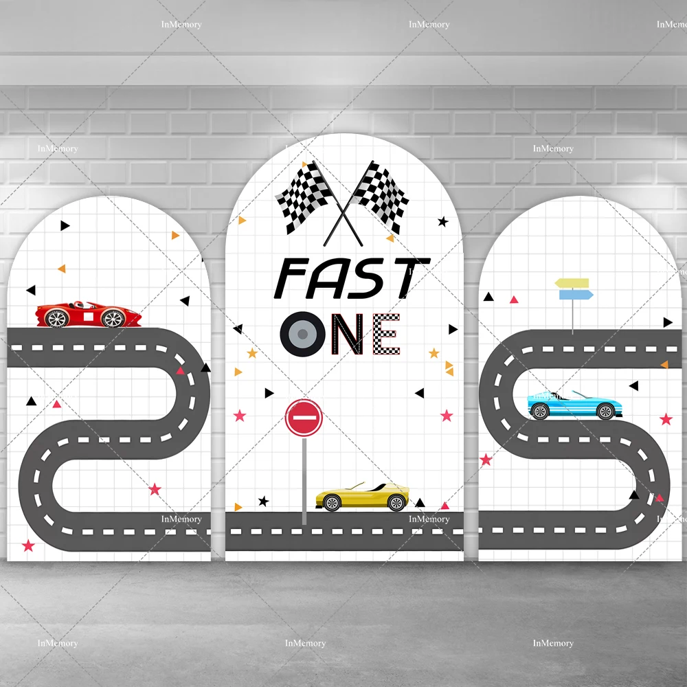 Racer Boy Birthday Party Backdrop Black White Runway Racing Cars Decor Arched Background Fast One Two Baby Shower Backgrounds