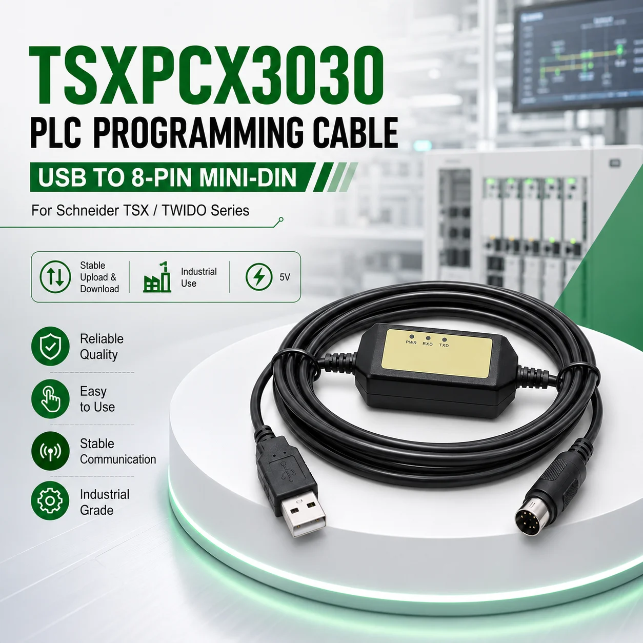 TSXPCX3030 3M PLC Programming Cable, USB to 8-Pin Mini DIN Download Lead for Schneider TSX TWIDO NEZA, 5V