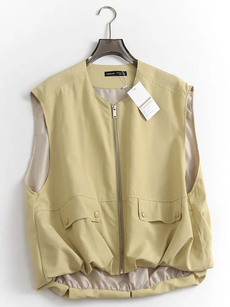 

Casual Loose Women Vest Jacket with Zipper Pleated Street Style Comfortable Outerwear Top