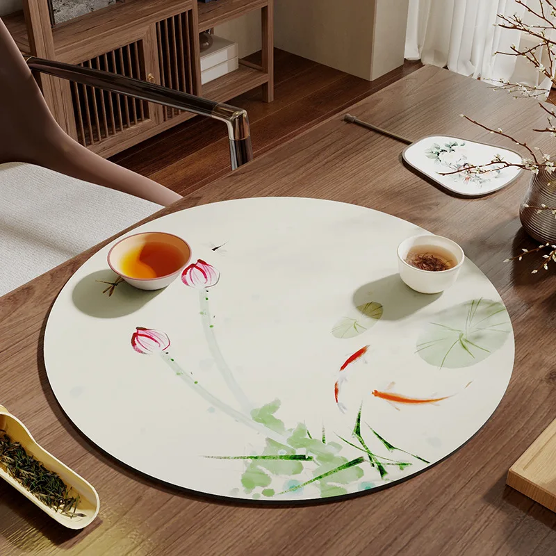 New Chinese Ink Painting Circular Drain Pad Tea Table Kitchen Countertop Absorbent Coaster Wipeable Disposable Insulation Mat