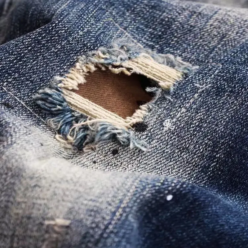 High Street Fashion Men Jeans Retro Dark Blue Stretch Slim Fit Hole Ripped Jeans Men Patched Designer Vintage Denim Pants Hombre