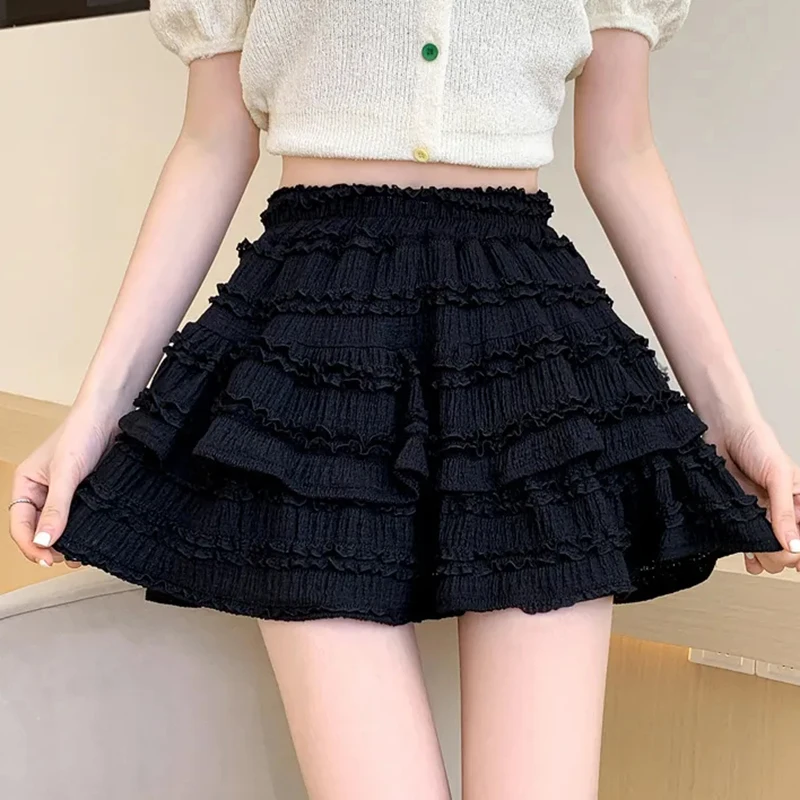 Gidyq Sweet Cute Lace Mini Skirt Women Kawaii White Ruffles Pleated Skirts Summer Korean High Waist Black Casual A Line Skirt