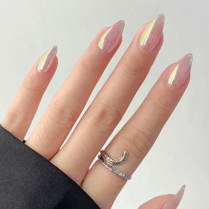 24pcs Press on Nails  Long Almond Black Matte French Style Golden Stripes Reusable Fake Nailfrench Tip Press on Nails