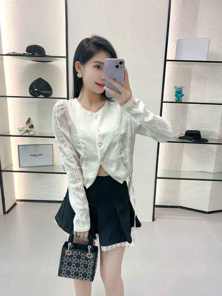 

Retro Sle round Ne Tie Dye ort irt Women's Top Spring Summer High Waist Commute Sle Long Sve Button Closure