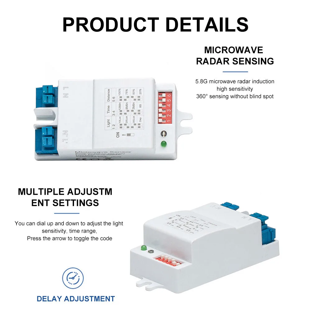 AC220-240V 5.8GHz Microwave Radar Sensor Switch Multi-Adjustment Body Motion Detector High Sensitivity LED Light Sensor Switch