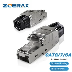 ZoeRax Tool-Free RJ45 Connector, Gold-Plated Plug, Shielded Ethernet Connector for Cat6A/Cat7/Cat8, POE Compatible