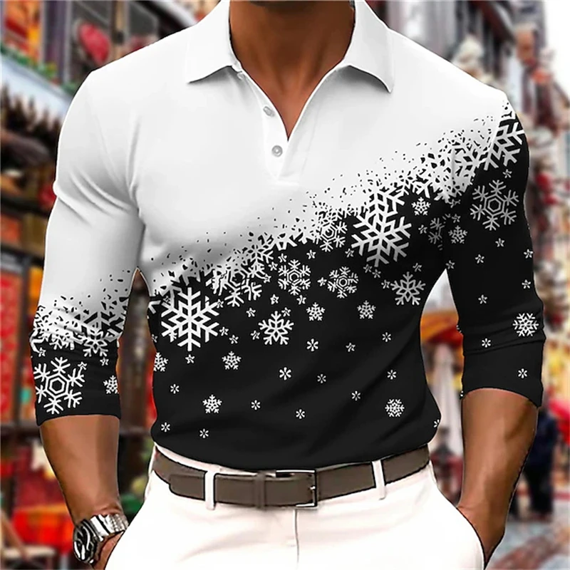 

Men's Polo Shirt Golf Shirt Graphic 3D Print Snowflake Graphic Tops Christmas Street Long Sleeve Button Polo Men Clothes Apparel