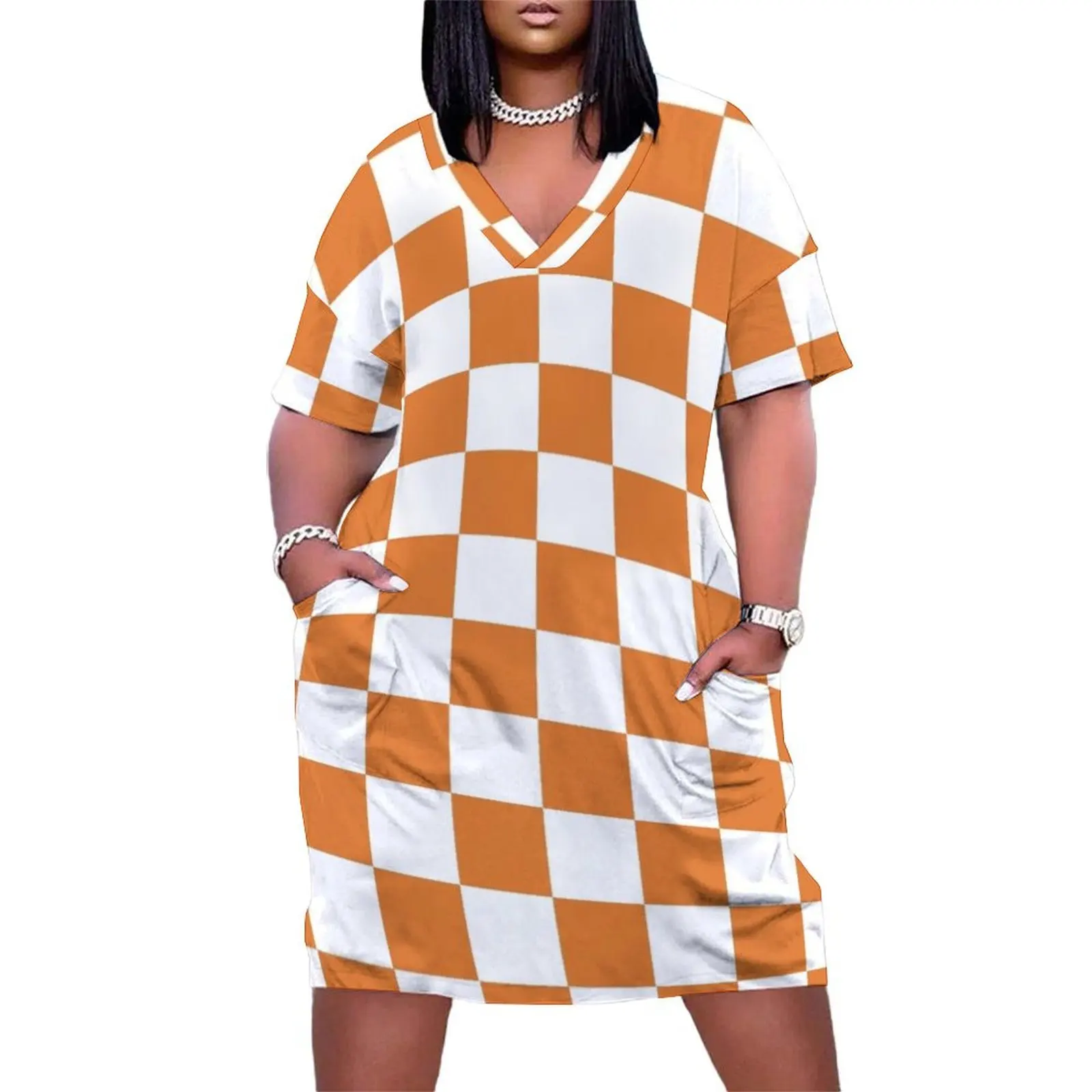 

Burnt Orange Checkerboard Loose Pocket Dress dresses for woman dresses summer woman 2025 evening dresses ladies