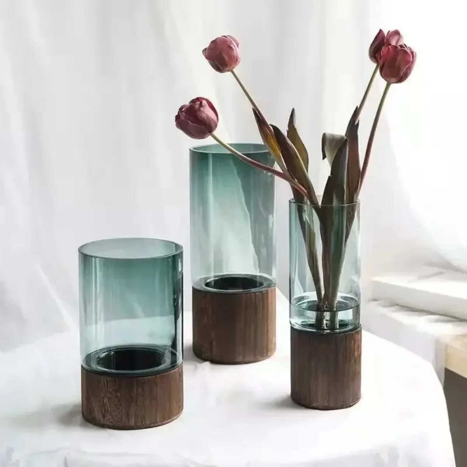 Vase en verre pour plantes hydroponiques, base en bois, transparent, style rétro, décoration d'intérieur, arrangement floral, art minimaliste nordique pour centre de table de salon