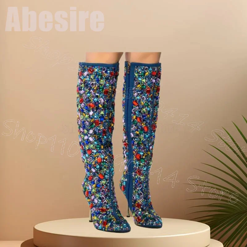 Kolorowe Kryształowe Botki z Ozdobnym Szpiczastym Noskiem, Zapinane na Zamek z Boku, Damskie Cienkie Szpilki na Imprezę Bankietową 2025 Zapatos Para Mujere