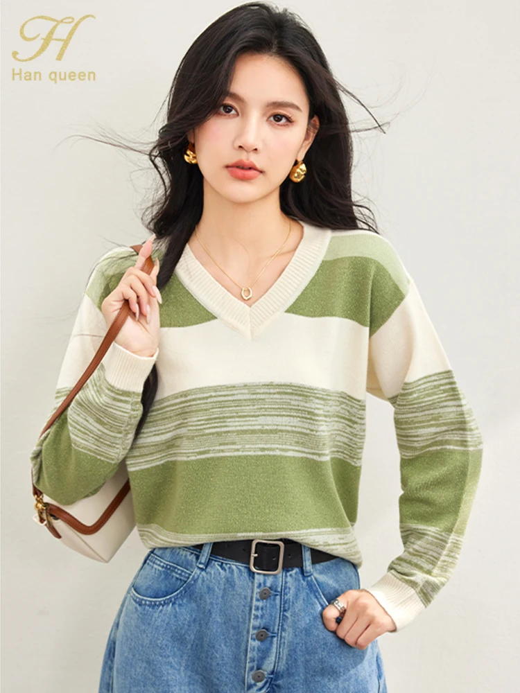 H Han Queen 2024 autunno top donna maglione Color Blocking Stripes allentato Vintage Casual Pullover lavorato a maglia maglioni abbigliamento donna