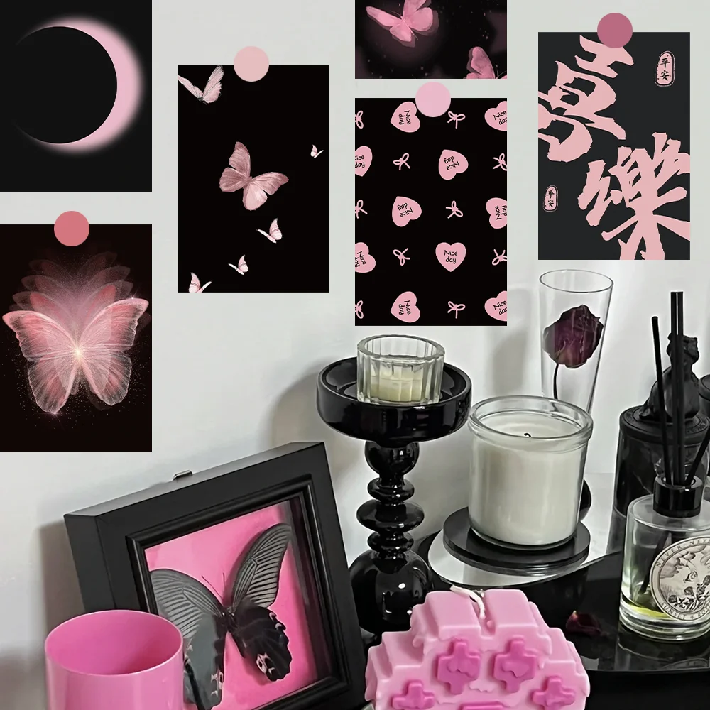 Preto e rosa fantasia série cartão postal adesivos, decoração interior romântico francês adesivos, atacado, 15 pcs/set